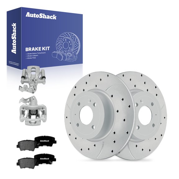 AutoShack Rear Brake Rotors, Premium Pads & Calipers for Hyundai, Accent 2012-2017, FWD L4 1.6L - Coated Drilled & Slotted - Silver Matte Finish - TurboGuard - 10.31" (262 mm), 4-Lug
