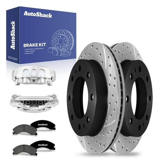 AutoShack Rear Drilled & Slotted Brake Rotors Premium Ceramic Brake Pads Calipers | Replacement for Chevrolet Silverado 2500 HD GMC Sierra 2500 HD 4WD | E-Coated | 8-PC Brake Kit | ShadowGuard