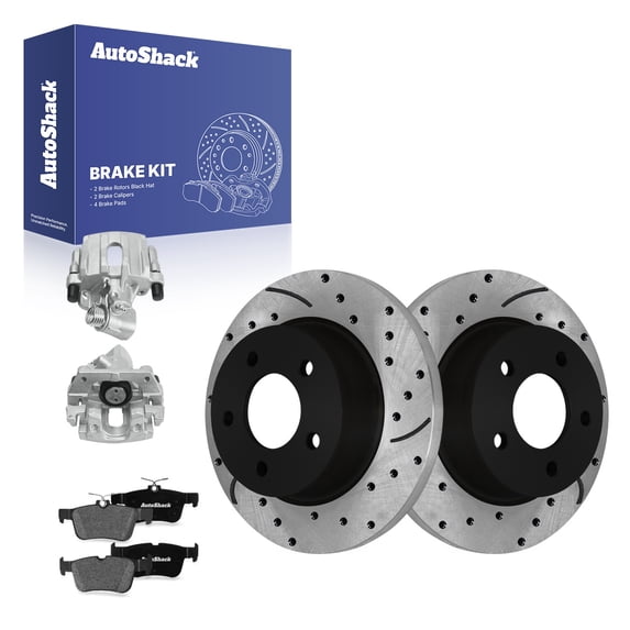 AutoShack Rear Brake Rotors, Premium Pads & Calipers for Mazda, 3 2005-2009 3 Sport 2009, FWD L4 2.0L - E-Coated Drilled & Slotted - ShadowGuard - 10.43" (265 mm), 5-Lug