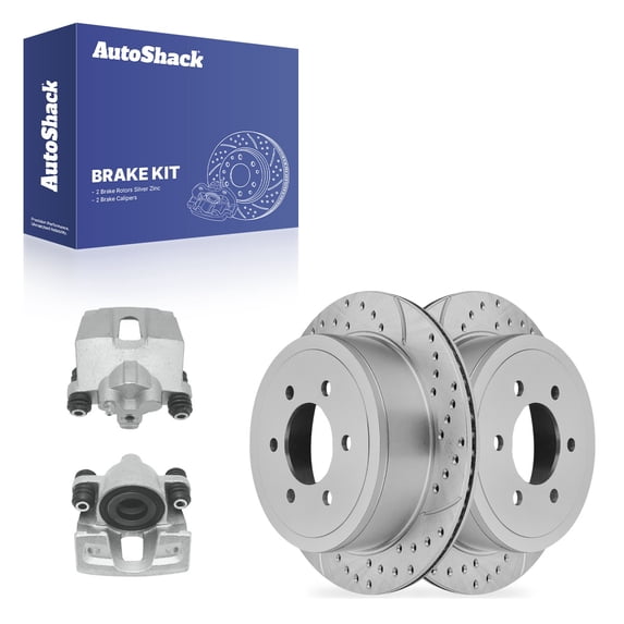 AutoShack Rear Brake Rotors & Calipers for Ford, F-150 2004-2011 - Silver Zinc Coated Drilled & Slotted - SilverShield Pro - 13.69" (347.8 mm), 6-Lug