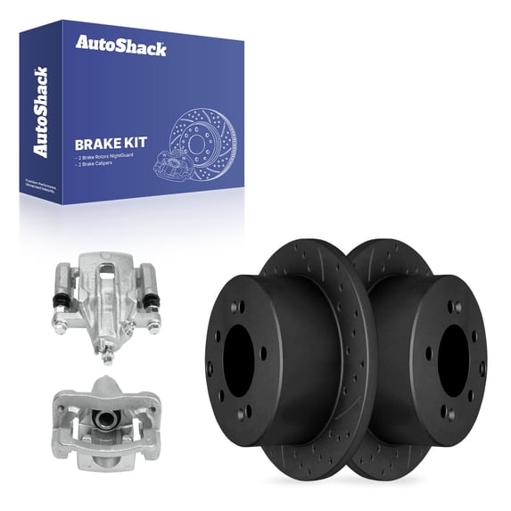 AutoShack Rear Solid Drilled & Slotted E-Coated Brake Rotors Black Finish + Calipers 4-PC Brake Kit Replacement for 2010-2013 Kia Soul NightGuard 10.31" (262 mm)