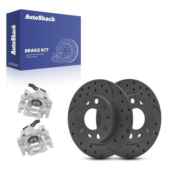 AutoShack Rear Brake Rotors & Calipers for Volkswagen, Jetta 2011-2013 GTI 2012-2014, FWD L4 1.4L 2.0L L5 2.5L - Coated Drilled & Slotted - Black Matte Finish - BlackShield - 9.96" (253 mm), 9-Lug