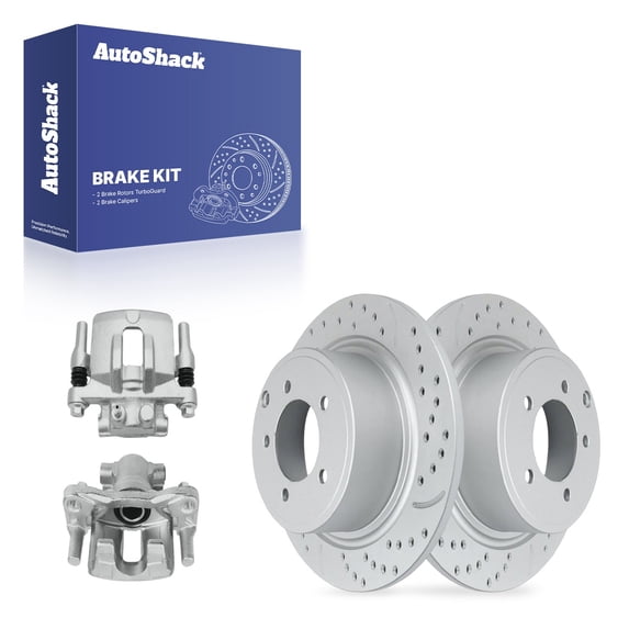 AutoShack Rear Solid Drilled & Slotted Coated Brake Rotors Silver Matte Finish + Calipers 4-PC Brake Kit Replacement for 2008-2009 Dodge Caliber TurboGuard 11.85" (301.1 mm)