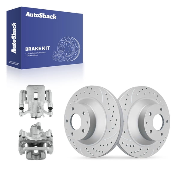 AutoShack Rear Brake Rotors & Calipers for Mazda, CX-5 2016-2025, AWD FWD L4 2.0L 2.2L 2.5L - Coated Drilled & Slotted - Silver Matte Finish - TurboGuard - 11.91" (302.5 mm), 5-Lug