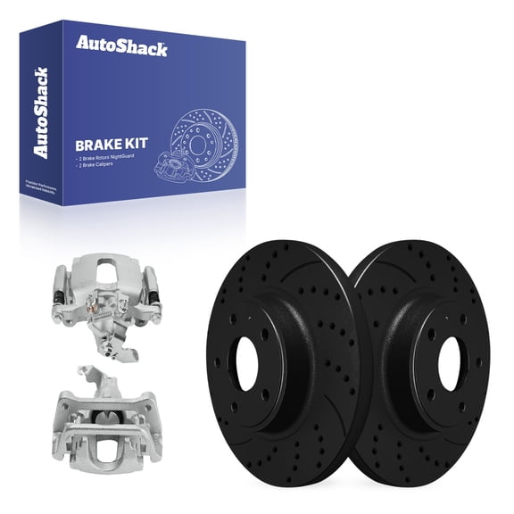 AutoShack Rear Brake Rotors & Calipers for Dodge, Grand Caravan 2012-2020, FWD V6 3.6L - E-Coated Drilled & Slotted - Black Finish - NightGuard - 12.91" (327.8 mm), 5-Lug