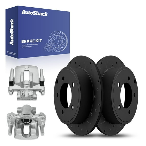 AutoShack 10.31" (262 mm) Rear Solid Drilled & Slotted Brake Rotors E-Coated + Calipers | Replacement for 2007-2017 Jeep Patriot 2007-2017 Jeep Compass | Black Finish | 4-PC Brake Kit | NightGuard