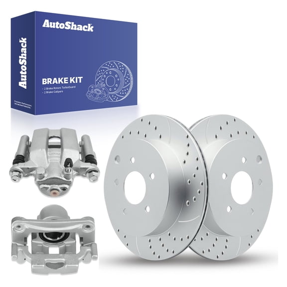 AutoShack Rear Drilled Slotted Brake Rotors Calipers | Replacement for Nissan Murano Pathfinder Quest INFINITI QX60 Q50 JX35 M37 Q60 M56 M35h Q70L | Silver Matte Finish | 4-PC Brake Kit | TurboGuard