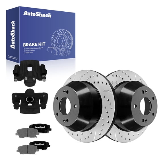 AutoShack Rear Brake Rotors, Ceramic Pads & Black Calipers for Kia, Sorento 2014-2020, AWD FWD L4 2.0L 2.4L V6 3.3L - E-Coated Drilled & Slotted - ShadowGuard - 11.89" (302 mm), 5-Lug