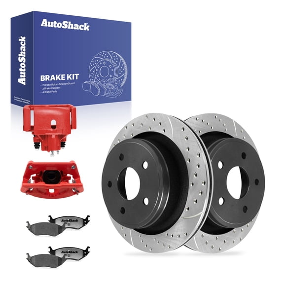 AutoShack Rear Brake Rotors, Ceramic Pads & Red Calipers for Dodge, Ram 1500 2002-2004, 4WD RWD V6 3.7L V8 4.7L 5.7L 5.9L - E-Coated Drilled & Slotted - ShadowGuard - 13.87" (352.2 mm), 5-Lug
