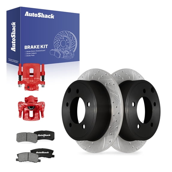 AutoShack Rear Brake Rotors, Ceramic Pads & Red Calipers for Chrysler, 200 2013, FWD L4 2.4L V6 3.6L - E-Coated Drilled & Slotted - ShadowGuard - 10.31" (261.8 mm), 5-Lug