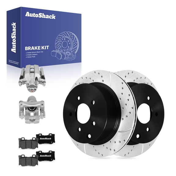AutoShack Rear Brake Rotors, Ceramic Pads & Calipers for INFINITI, M37 2013 Q70 2019 M56 2013, AWD RWD V6 3.7L V8 5.6L - E-Coated Drilled & Slotted - ShadowGuard - 12.12" (307.8 mm), 5-Lug