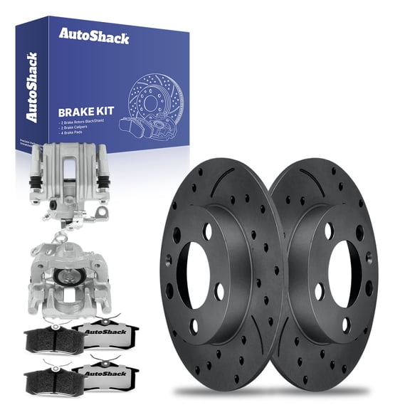AutoShack Rear Drilled Slotted Brake Rotors Ceramic Brake Pads Calipers | Replacement for Audi TT VW Golf City 2000-2006 Golf 2000-2010 Beetle FWD | Black Matte Finish | 8-PC Brake Kit | BlackShield