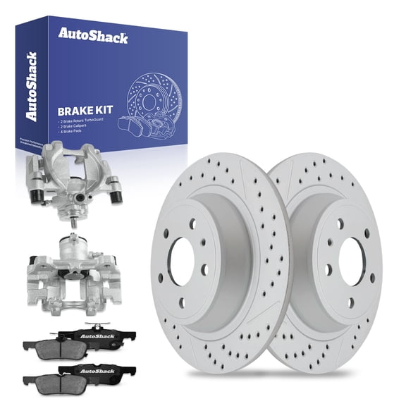 AutoShack Rear Drilled & Slotted Brake Rotors Ceramic Brake Pads Calipers | Replacement for Lincoln MKC MKZ 2013-2017 Ford Fusion 2017-2019 Escape | Silver Matte Finish | 8-PC Brake Kit | TurboGuard
