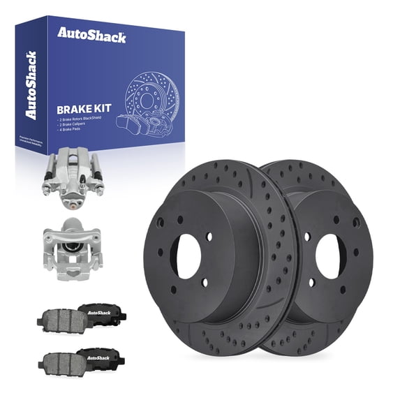 AutoShack Rear Brake Rotors, Ceramic Pads & Calipers for Nissan, Murano 2009-2022, AWD FWD L4 2.5L V6 3.5L - Coated Drilled & Slotted - Black Matte Finish - BlackShield - 12.13" (308 mm), 5-Lug