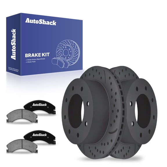 AutoShack 12.99" (330 mm) Rear Vented Drilled & Slotted Brake Rotors Coated + Ceramic Brake Pads | Replacement for 2009-2016 Chevrolet Express 3500 | Black Matte Finish | 6-PC Brake Kit | BlackShield