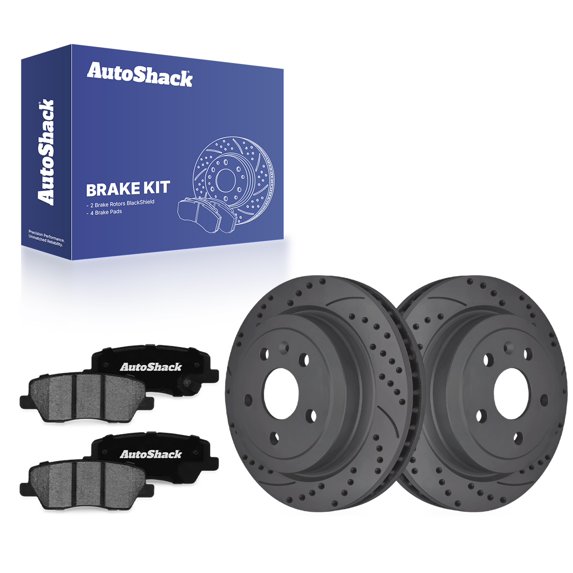 AutoShack Rear Vented Drilled & Slotted Coated Brake Rotors Black Matte Finish + Ceramic Pads 6-PC Brake Kit Replacement for 2014 Cadillac CTS BlackShield 12.4" (314.9 mm)