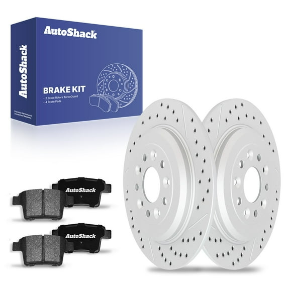 AutoShack Rear Drilled Slotted Brake Rotors Ceramic Brake Pads | Replacement for Ford Taurus Five Hundred Taurus X Freestyle Mercury Sable Montego | Silver Matte Finish | 6-PC Brake Kit | TurboGuard