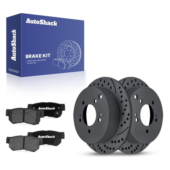 AutoShack Rear Solid Drilled & Slotted Coated Brake Rotors Black Matte Finish + Ceramic Pads 6-PC Brake Kit Replacement for 2005-2010 Kia Sportage 2005-2009 Hyundai Tucson BlackShield 11.18" (284 mm)