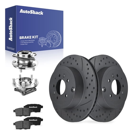 AutoShack Rear Vented Drilled & Slotted Coated Brake Rotors Black Matte Finish + Ceramic Pads + Hub Bearing Assembly 8-PC Brake Kit Replacement for 2007-2015 Mazda CX-9 BlackShield 12.79" (324.8 mm)