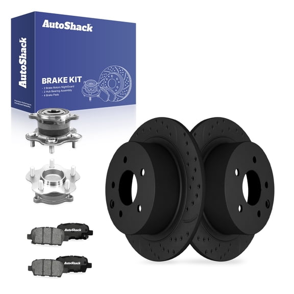 AutoShack Rear Brake Rotors, Ceramic Pads & Hub Bearing Assemblies for Nissan, Altima 2009-2018 - E-Coated Drilled & Slotted - Black Finish - NightGuard - 11.47" (291.4 mm), 5-Lug
