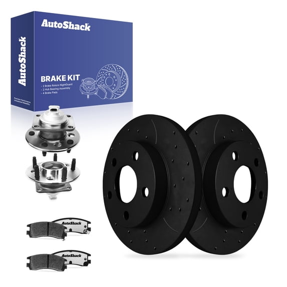 AutoShack Rear Solid Drilled & Slotted E-Coated Brake Rotors Black Finish + Ceramic Pads + Hub Bearing Assembly 8-PC Brake Kit Replacement for 2010 Chevrolet Impala NightGuard 10.63" (269.9 mm)