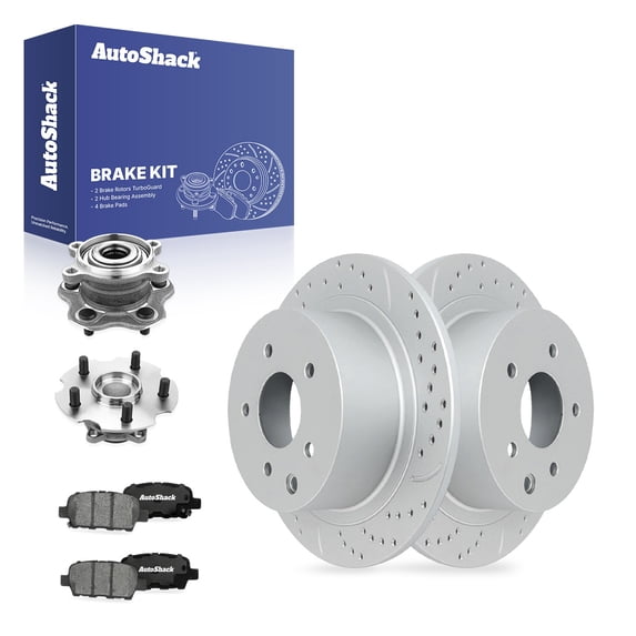 AutoShack Rear Solid Drilled & Slotted Coated Brake Rotors Silver Matte Finish + Ceramic Pads + Hub Bearing Assembly 8-PC Brake Kit Replacement for 2011-2017 Nissan Juke TurboGuard 11.47" (291.4 mm)