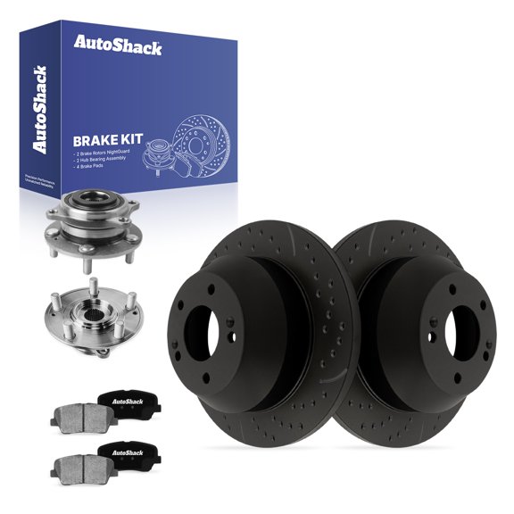 AutoShack Rear Solid Drilled & Slotted E-Coated Brake Rotors Black Finish + Ceramic Pads + Hub Bearing Assembly 8-PC Brake Kit Replacement for 2013 Hyundai Santa Fe XL NightGuard 11.89" (302 mm)