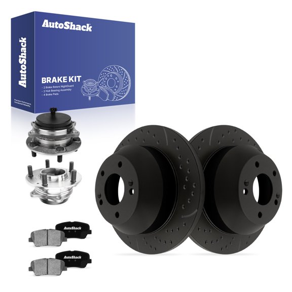 AutoShack Rear Solid Drilled & Slotted E-Coated Brake Rotors Black Finish + Ceramic Pads + Hub Bearing Assembly 8-PC Brake Kit Replacement for 2013 Hyundai Santa Fe XL NightGuard 11.89" (302 mm)