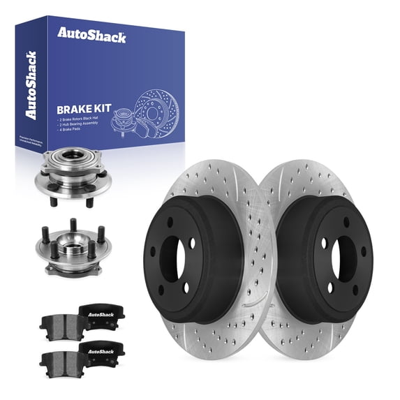 AutoShack Rear Solid Drilled & Slotted E-Coated Brake Rotors + Ceramic Pads + Hub Bearing Assembly 8-PC Brake Kit Replacement for 2009-2014 Dodge Charger ShadowGuard 12.59" (319.8 mm)