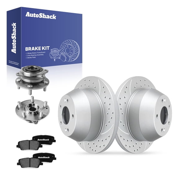 AutoShack Rear Brake Rotors, Ceramic Pads & Hub Bearing Assemblies for Kia, Sorento 2011-2015 - Coated Drilled & Slotted - Silver Matte Finish - TurboGuard - 11.89" (302 mm), 5-Lug