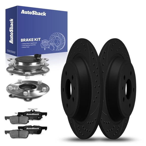 AutoShack Rear Drilled & Slotted Brake Rotors Ceramic Brake Pads Wheel Bearing Hub Assembly | Replacement for Lincoln MKC 2017-2019 Ford Escape FWD | Black E-Coated | 8-PCBrake Kit| NightGuard