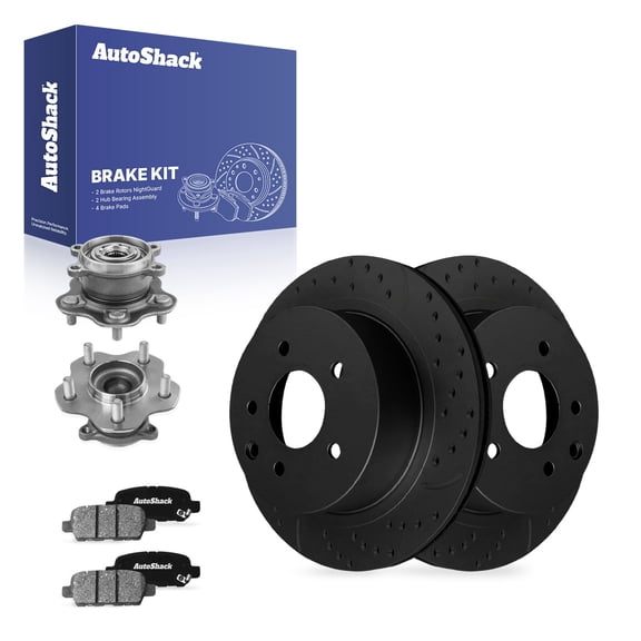 AutoShack Rear Brake Rotors, Ceramic Pads & Hub Bearing Assemblies for Nissan, Rogue Select 2014-2015, AWD L4 2.5L - E-Coated Drilled & Slotted - Black Finish - NightGuard - 11.49" (291.8 mm), 5-Lug