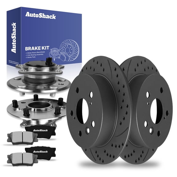 AutoShack Rear Drilled & Slotted Brake Rotors Ceramic Brake Pads Wheel Bearing Hub Assembly | Replacement for Toyota Camry Avalon Lexus ES350 V6 FWD | Black Matte Finish | 8-PCBrake Kit| BlackShield