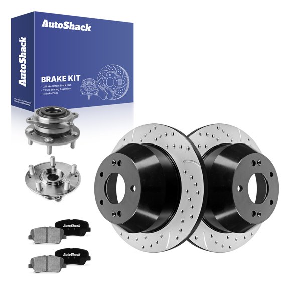 AutoShack Rear Brake Rotors, Ceramic Pads & Hub Bearing Assemblies for Hyundai, Santa Fe XL 2013, AWD V6 3.3L - E-Coated Drilled & Slotted - ShadowGuard - 11.89" (302 mm), 5-Lug