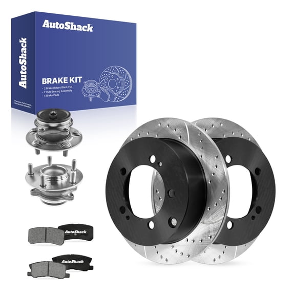AutoShack Rear Solid Drilled & Slotted E-Coated Brake Rotors + Ceramic Pads + Hub Bearing Assembly 8-PC Brake Kit Replacement for 2013 Mitsubishi Outlander ShadowGuard 11.89" (302 mm)