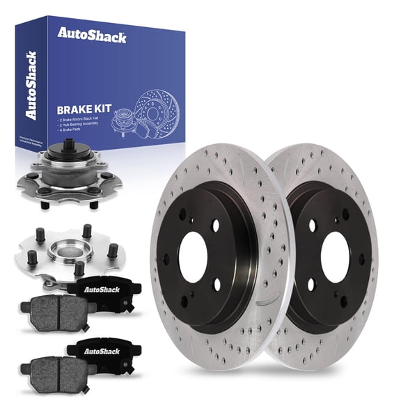 AutoShack Rear Drilled & Slotted Brake Rotors Ceramic Brake Pads Wheel Bearing Hub Assembly | Replacement for 2017-2018 Toyota Corolla iM 2016 Scion iM | E-Coated | 8-PC Brake Kit | ShadowGuard
