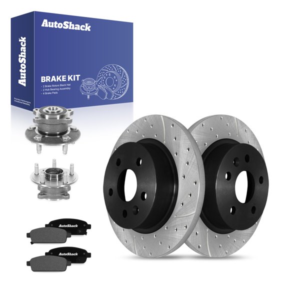 AutoShack Rear Solid Drilled & Slotted E-Coated Brake Rotors + Ceramic Pads + Hub Bearing Assembly 8-PC Brake Kit Replacement for 2013-2015 Chevrolet Sonic ShadowGuard 10.55" (268 mm)