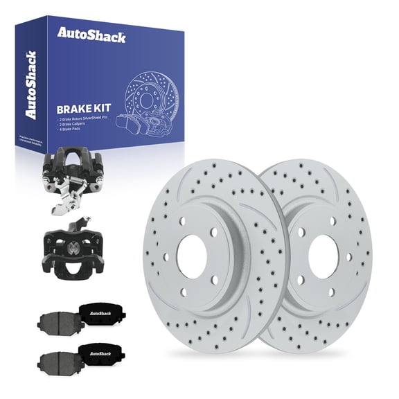 AutoShack Rear Brake Rotors, Premium Pads & Black Calipers for Ram, C/V 2012, FWD V6 3.6L - Coated Drilled & Slotted - Silver Matte Finish - TurboGuard - 12.91" (328 mm), 5-Lug