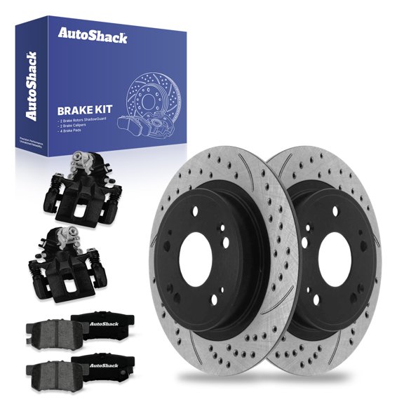 AutoShack Rear Solid Drilled & Slotted E-Coated Brake Rotors + Premium Ceramic Pads + Calipers Black 8-PC Brake Kit Replacement for 2015 Honda Civic 2016-2018 Acura ILX ShadowGuard 11.1" (282 mm)
