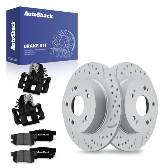 AutoShack Rear Solid Drilled & Slotted Coated Brake Rotors Silver Matte Finish + Premium Ceramic Pads + Calipers Black 8-PC Brake Kit Replacement for 2015 Honda Civic TurboGuard 11.1" (282 mm)