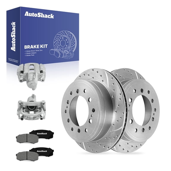 AutoShack Rear Brake Rotors, Premium Pads & Calipers for Toyota, 4Runner 2010-2023, 4WD RWD L4 2.7L V6 4.0L - Silver Zinc Coated Drilled & Slotted - SilverShield Pro - 12.28" (312 mm), 6-Lug