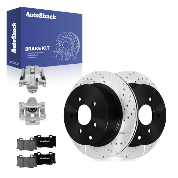 AutoShack Rear Brake Rotors, Premium Pads & Calipers for INFINITI, M37 2013 Q70 2019 M56 2013, AWD RWD V6 3.7L V8 5.6L - E-Coated Drilled & Slotted - ShadowGuard - 12.12" (307.8 mm), 5-Lug