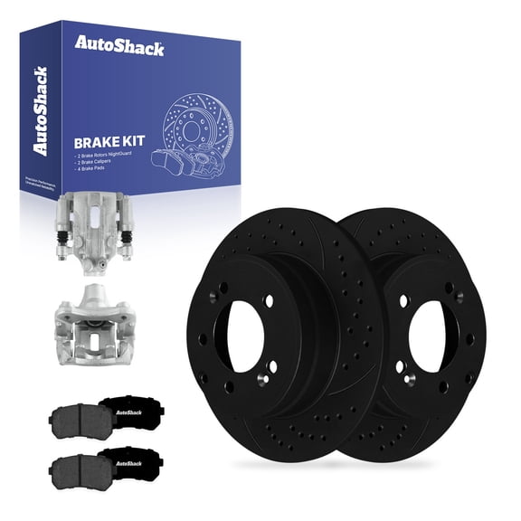 AutoShack Rear Brake Rotors, Premium Pads & Calipers for Hyundai, Sonata 2015, FWD L4 1.6L 2.0L 2.4L - E-Coated Drilled & Slotted - Black Finish - NightGuard - 11.18" (284 mm), 5-Lug