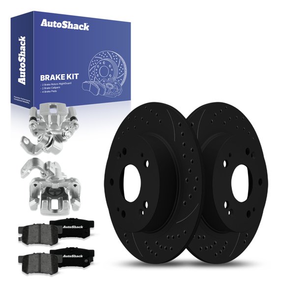 AutoShack Rear Solid Drilled & Slotted E-Coated Brake Rotors Black Finish + Premium Ceramic Pads + Calipers 8-PC Brake Kit Replacement for 2015 Honda Civic NightGuard 11.1" (282 mm)