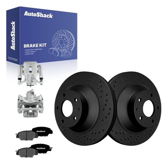 AutoShack Rear Brake Rotors, Premium Pads & Calipers for Mazda, CX-5 2016-2025, AWD FWD L4 2.0L 2.2L 2.5L - E-Coated Drilled & Slotted - Black Finish - NightGuard - 11.91" (302.5 mm), 5-Lug