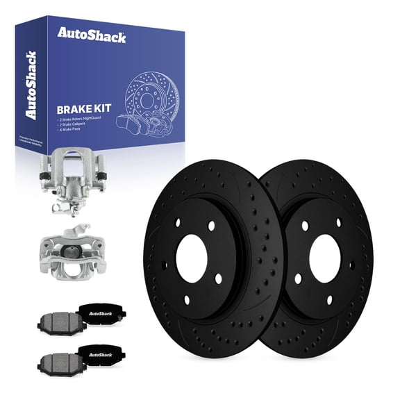 AutoShack Rear Brake Rotors, Premium Pads & Calipers for Dodge, Grand Caravan 2012-2016, FWD V6 3.6L - E-Coated Drilled & Slotted - Black Finish - NightGuard - 12.01" (305 mm), 5-Lug
