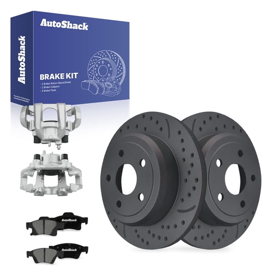 AutoShack Rear Solid Drilled & Slotted Coated Brake Rotor Black Matte Finish + Premium Ceramic Pad + Caliper 8-PC Brake Kit Replacement for 2011-2020 Jeep Grand Cherokee BlackShield 12.99" (330 mm)