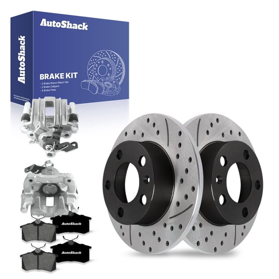 AutoShack Rear Drilled & Slotted Brake Rotors Premium Ceramic Brake Pads Calipers | Replacement for VW Jetta City 2000-2006 Audi TT Quattro 1.8L AWD FWD | E-Coated | 8-PC Brake Kit | ShadowGuard