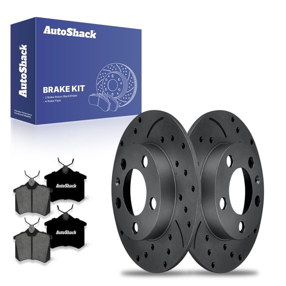 AutoShack Rear Solid Drilled & Slotted Coated Brake Rotors Black Matte Finish + Premium Ceramic Pads 6-PC Brake Kit Replacement for 1998-2010 Volkswagen Beetle BlackShield 9.13" (232 mm)