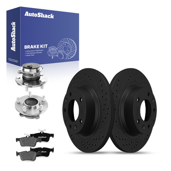 AutoShack Rear Brake Rotors, Premium Pads & Hub Bearing Assemblies for Mazda 5 2017 - E-Coated Drilled & Slotted - Black Finish - NightGuard - 11.87" (301.4 mm), 5-Lug